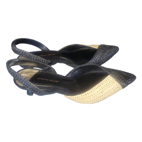 Antonio Melani Women's Raffia Black and Cream Slingback Pointed Toe Kitten Heels - Picture 2 of 10